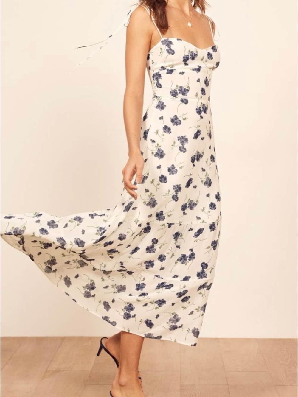 Reformation Cream Slip Dress with Navy Floral Print
